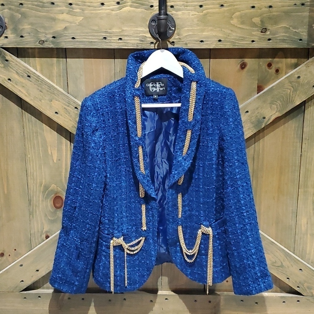 VINTAGE GIANCARLO FERRARI BLUE TWEED BLAZER W GOLD CHAINS SIZE 8 OLD MONEY Drama